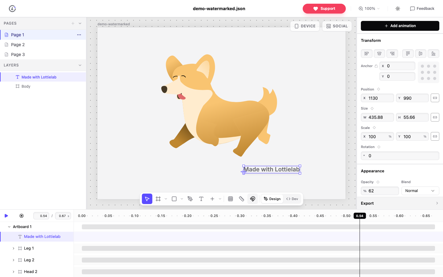 The Lotiqlab editor with a watermarked animation open. The layer named Made with Lottielab is selected on the canvas with a selection box around it, and is highlighted in both the layers panel on the left and the timeline below.